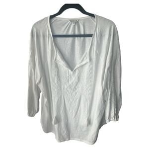 Lucky Brand Women’s 1X White Embroidered Boho Peasant Blouse Tassel Top